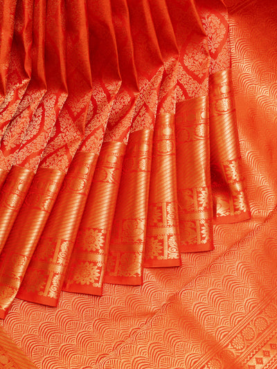 Peach Orange Diamond Brocade Kanchipuram Silk Saree