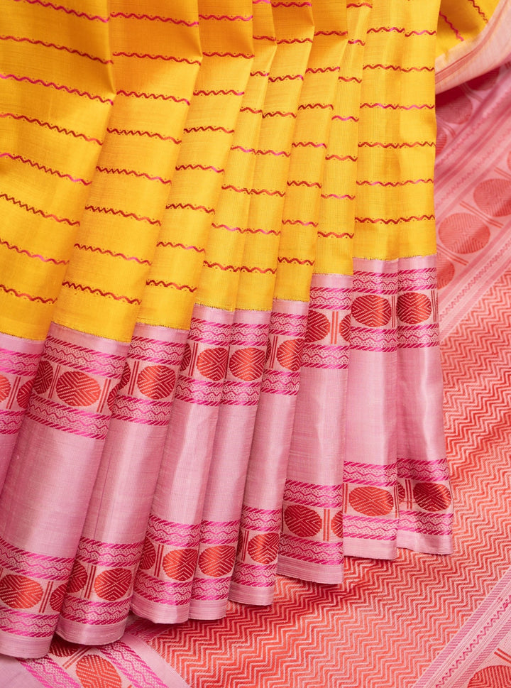 Yellow and Lilac Stripes Pure Kanjivaram Silk Saree - Clio Silks