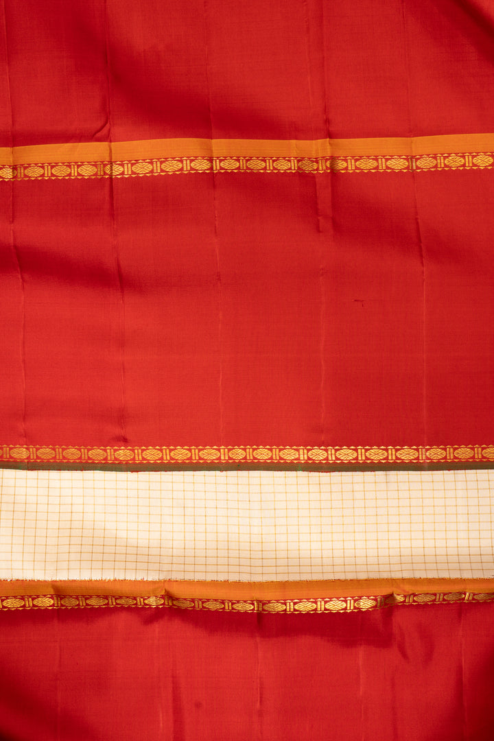 Pearl White Zari Checks Pure Kanchipuram Silk Saree - Clio Silks