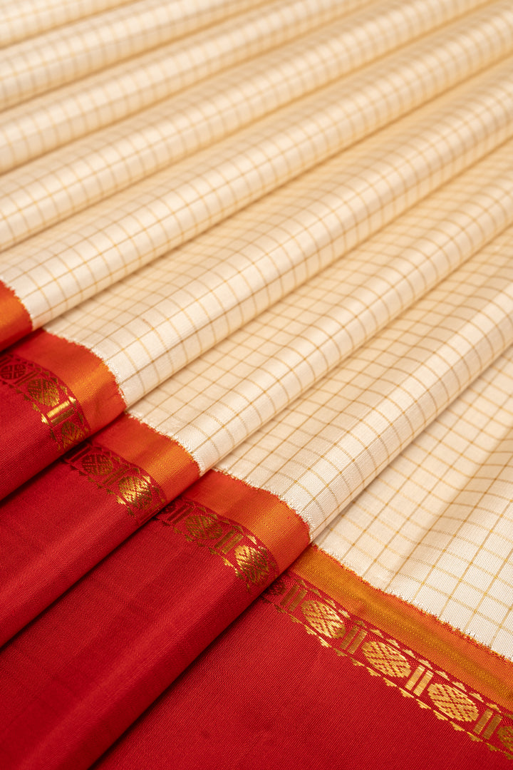 Pearl White Zari Checks Pure Kanchipuram Silk Saree - Clio Silks