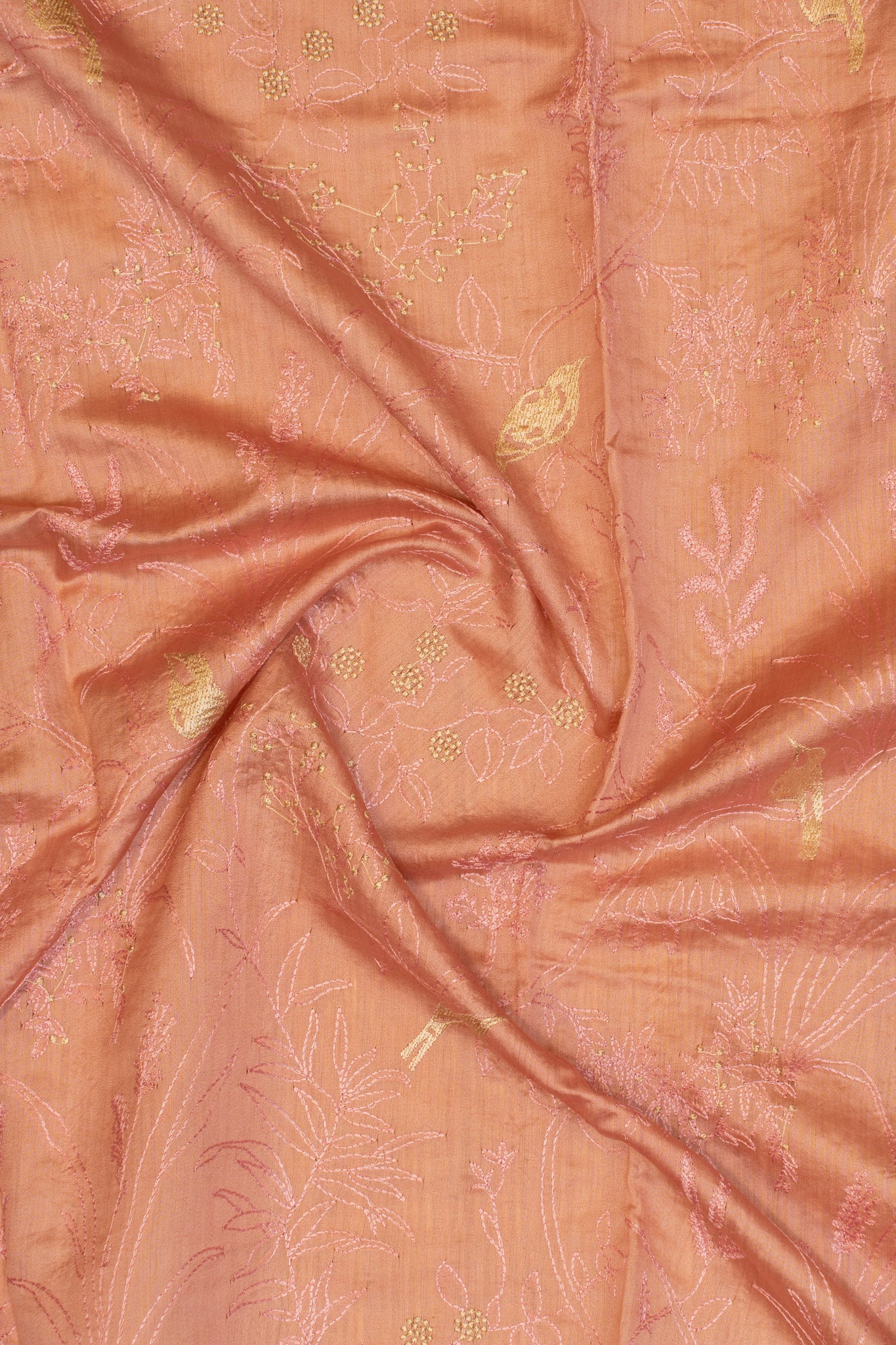 Pastel Pink Bird Embroidered Pure Chiniya Tussar Saree