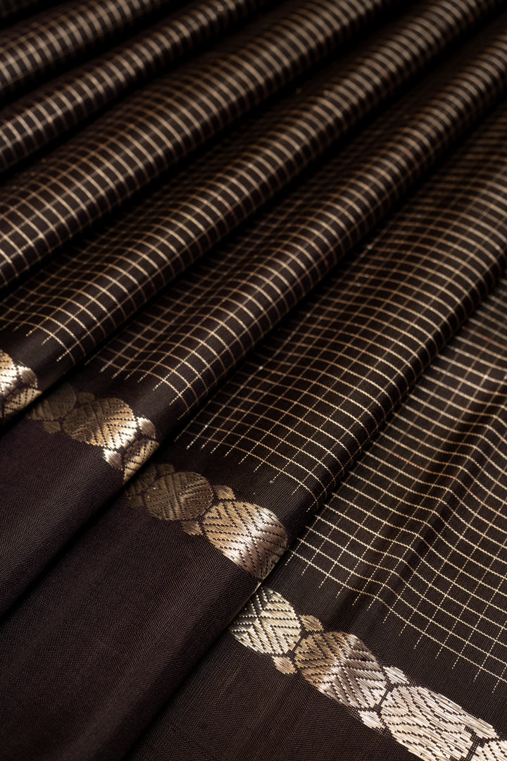 Black Silver Zari Checks Pure Kanchipuram Silk Saree - Clio Silks
