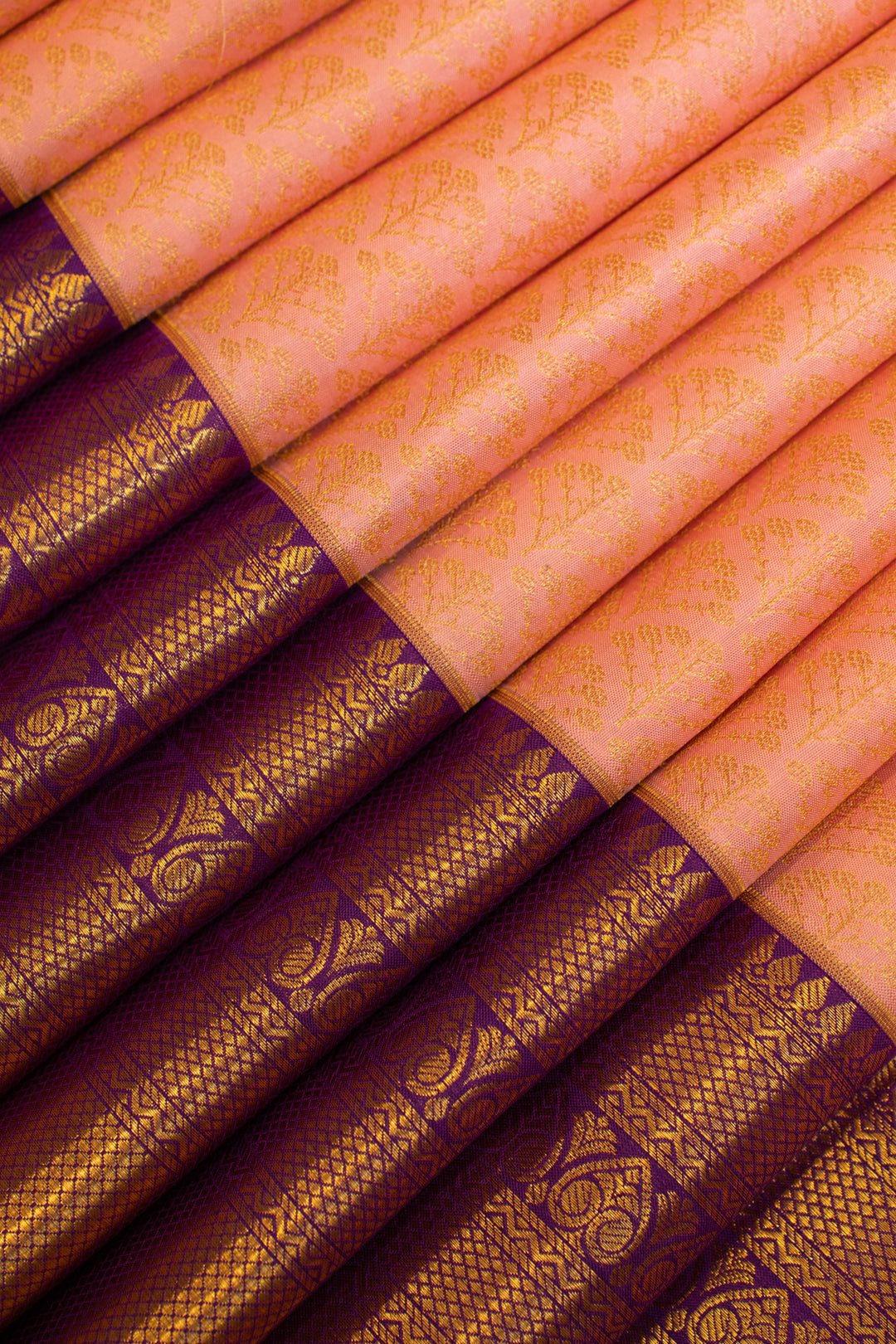 Peach and purple brocade pure Kanchipuram silk saree