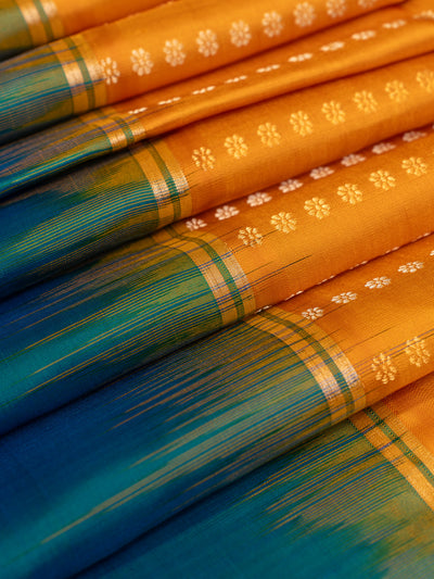 Mustard yellow and turquoise blue pure soft silk saree