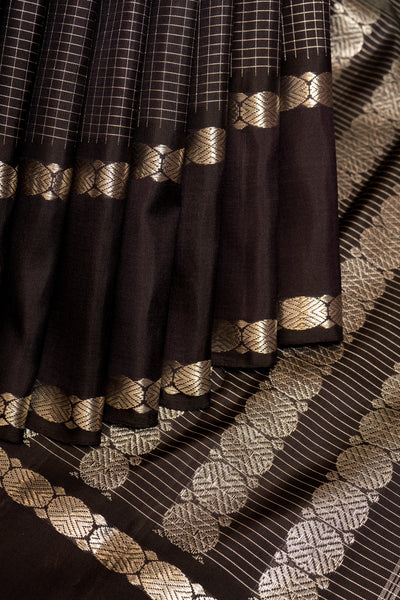 Black Silver Zari Checks Pure Kanchipuram Silk Saree - Clio Silks
