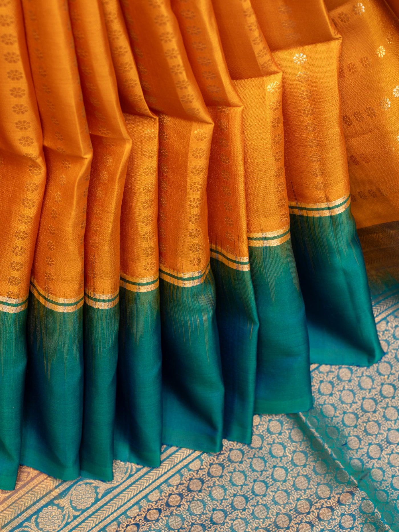 Mustard yellow and turquoise blue pure soft silk saree