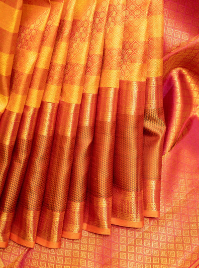 Rust Orange and Mustard Pure Kanchipuram Silk Saree - Clio Silks