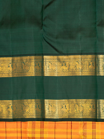 Orange and green multi checks rettai pettu pure zari Kanchipuram silk saree