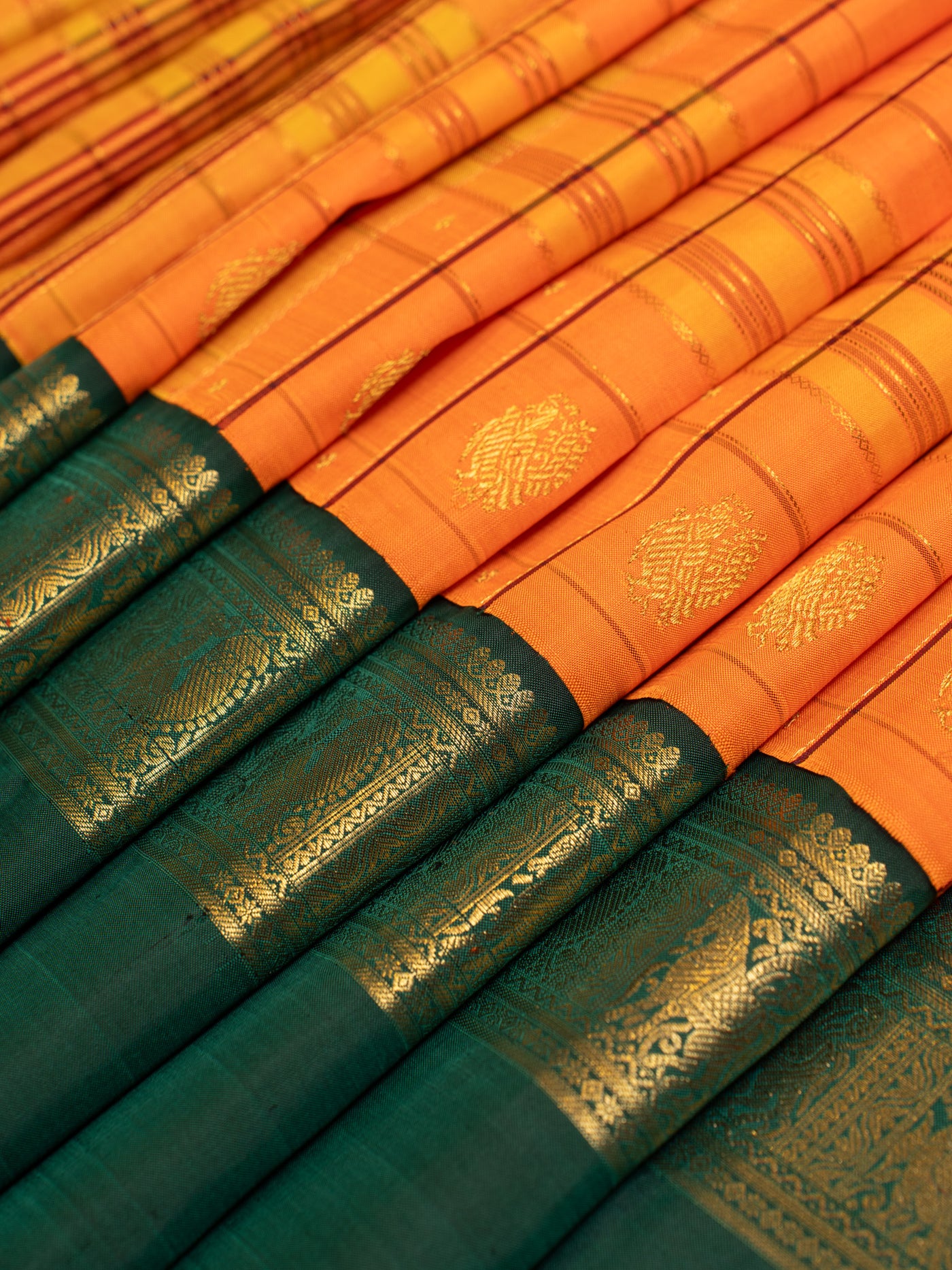 Orange and green multi checks rettai pettu pure zari Kanchipuram silk saree