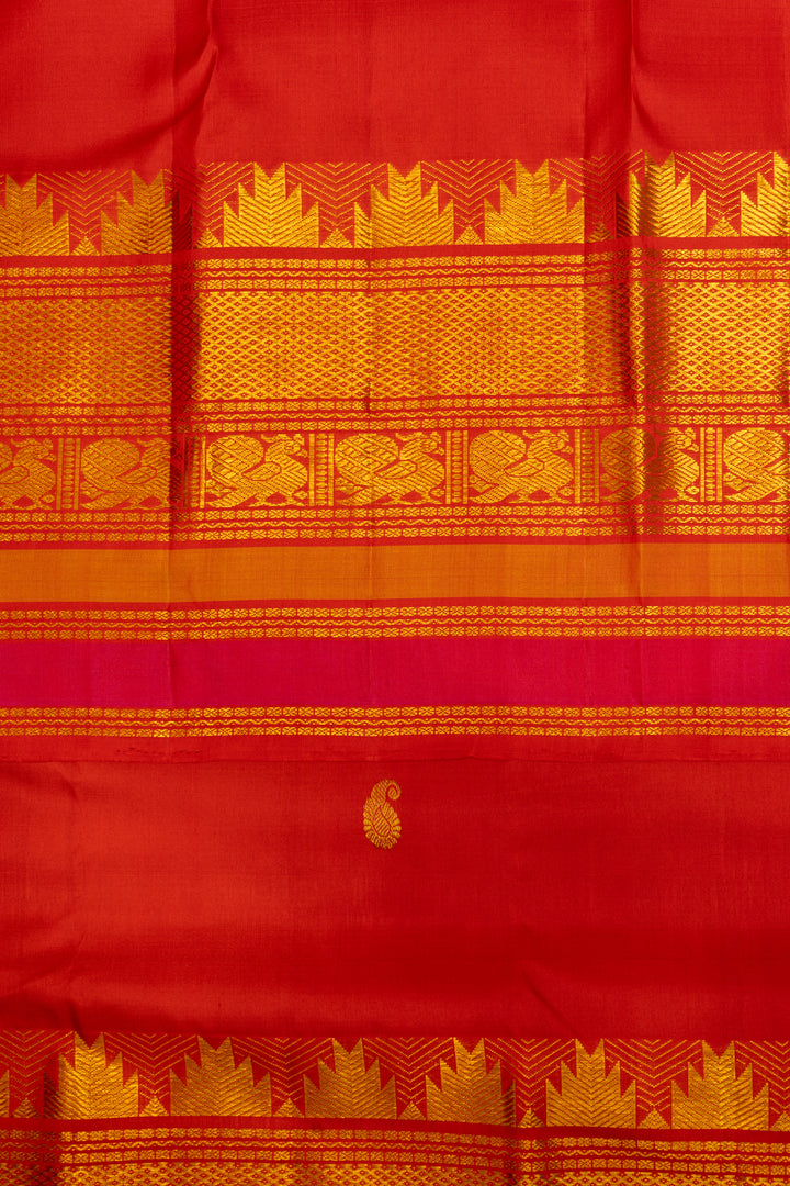 Reddish Orange Traditional Pure Kanchipuram Silk Sari - Clio Silks