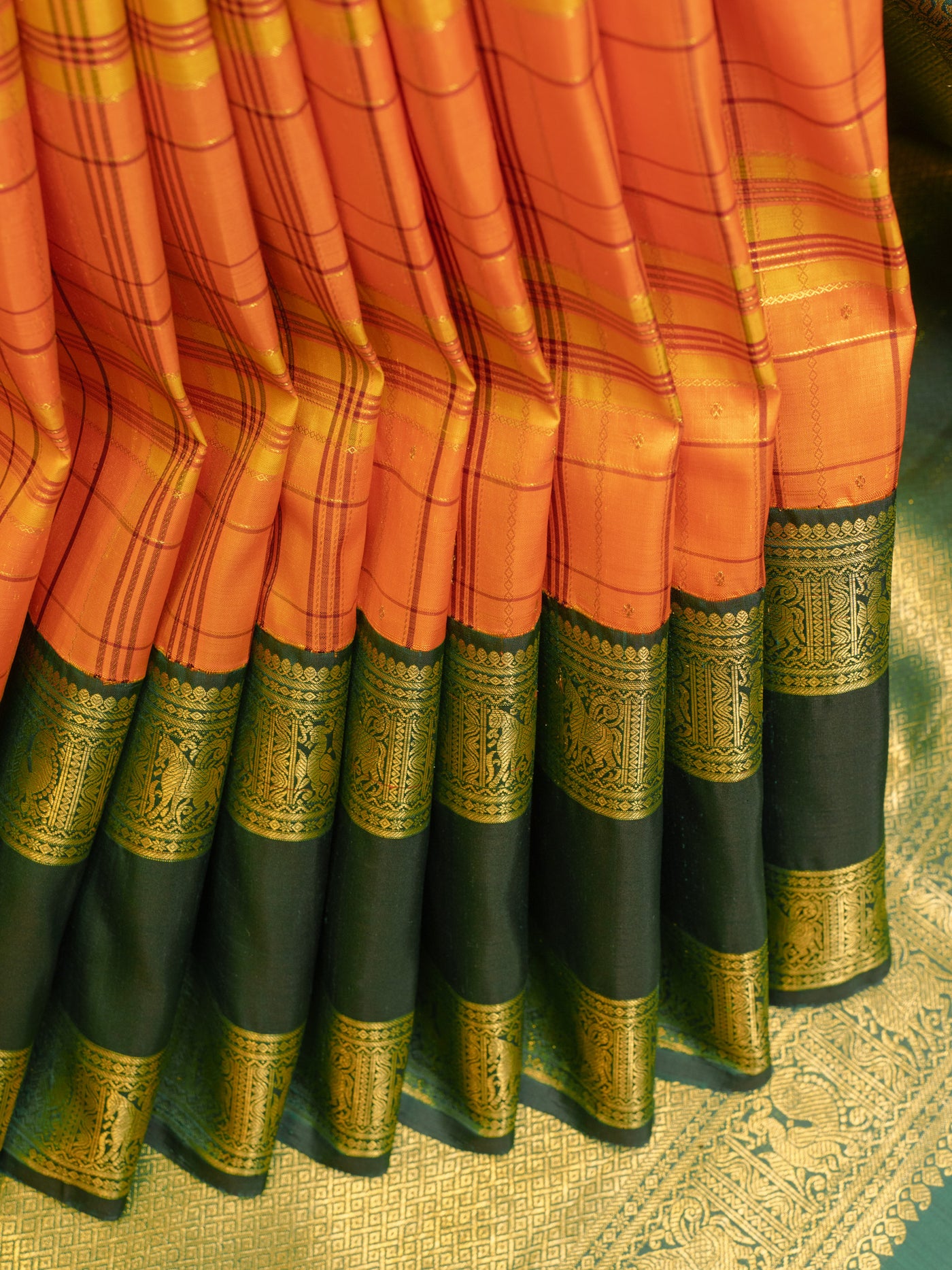 Orange and green multi checks rettai pettu pure zari Kanchipuram silk saree