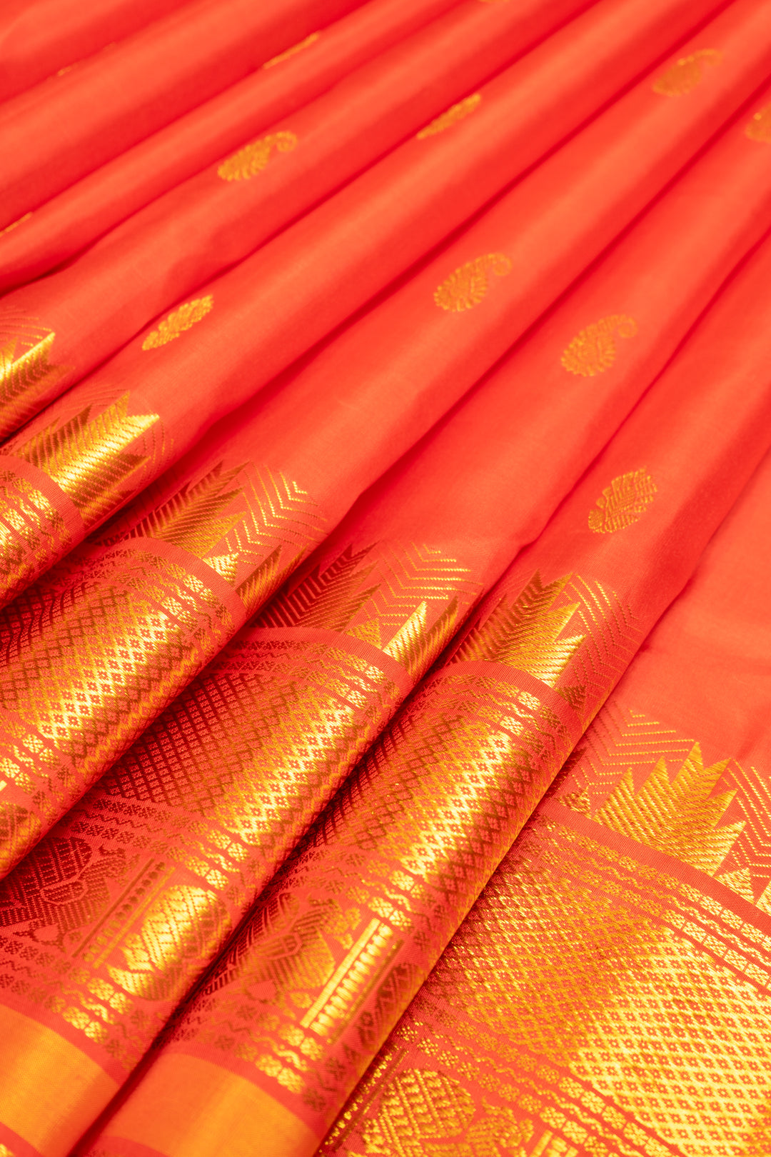 Reddish Orange Traditional Pure Kanchipuram Silk Sari - Clio Silks