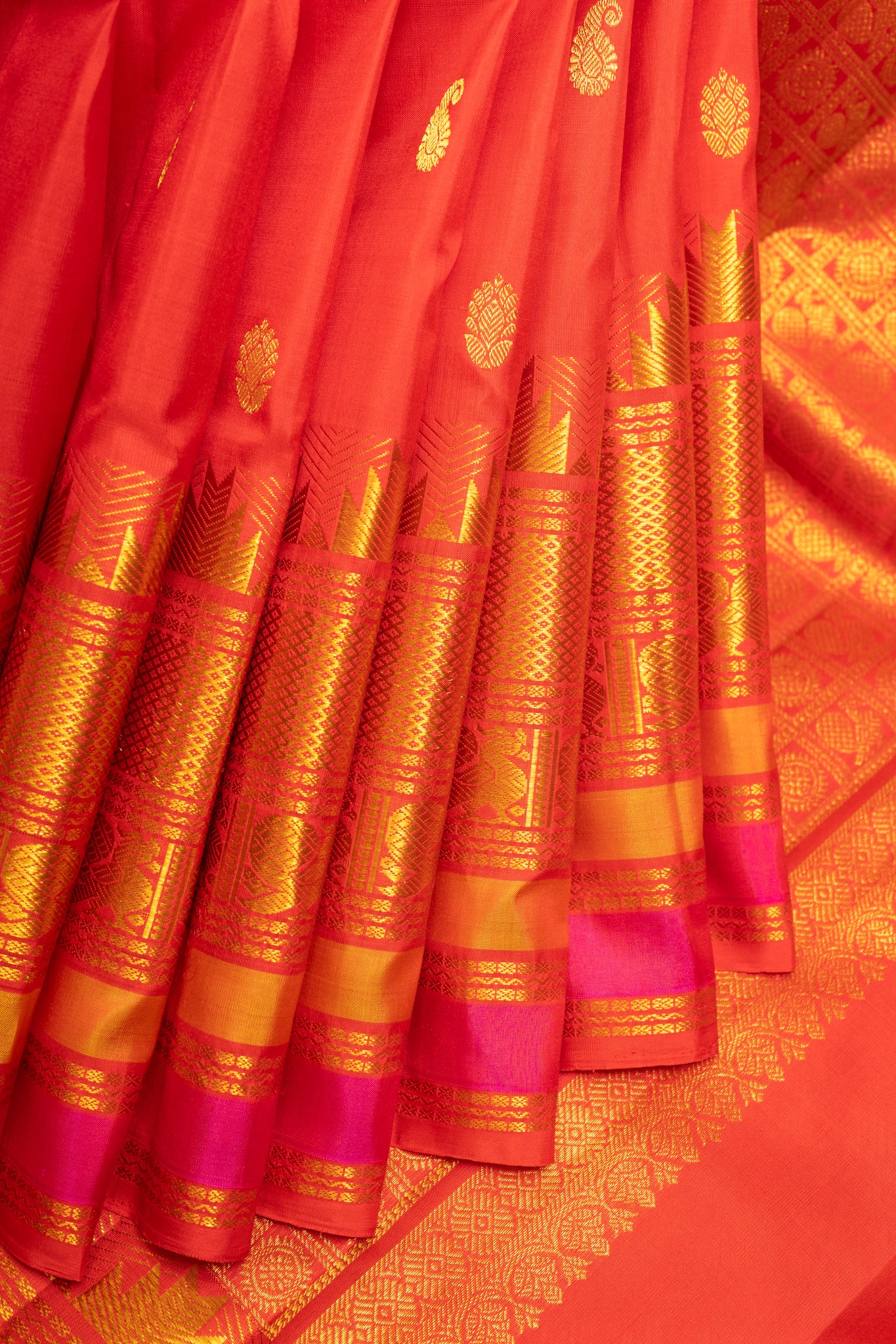 Reddish Orange Traditional Pure Kanchipuram Silk Sari - Clio Silks