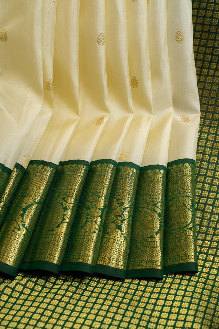 Pearl white and green traditional pure Kanchipuram silk saree