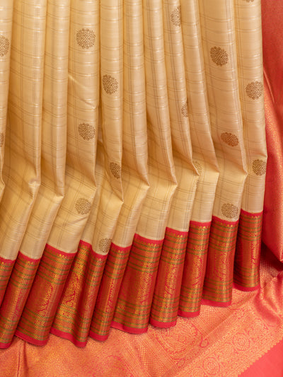 Ivory and pink pure zari kanjivaram silk saree