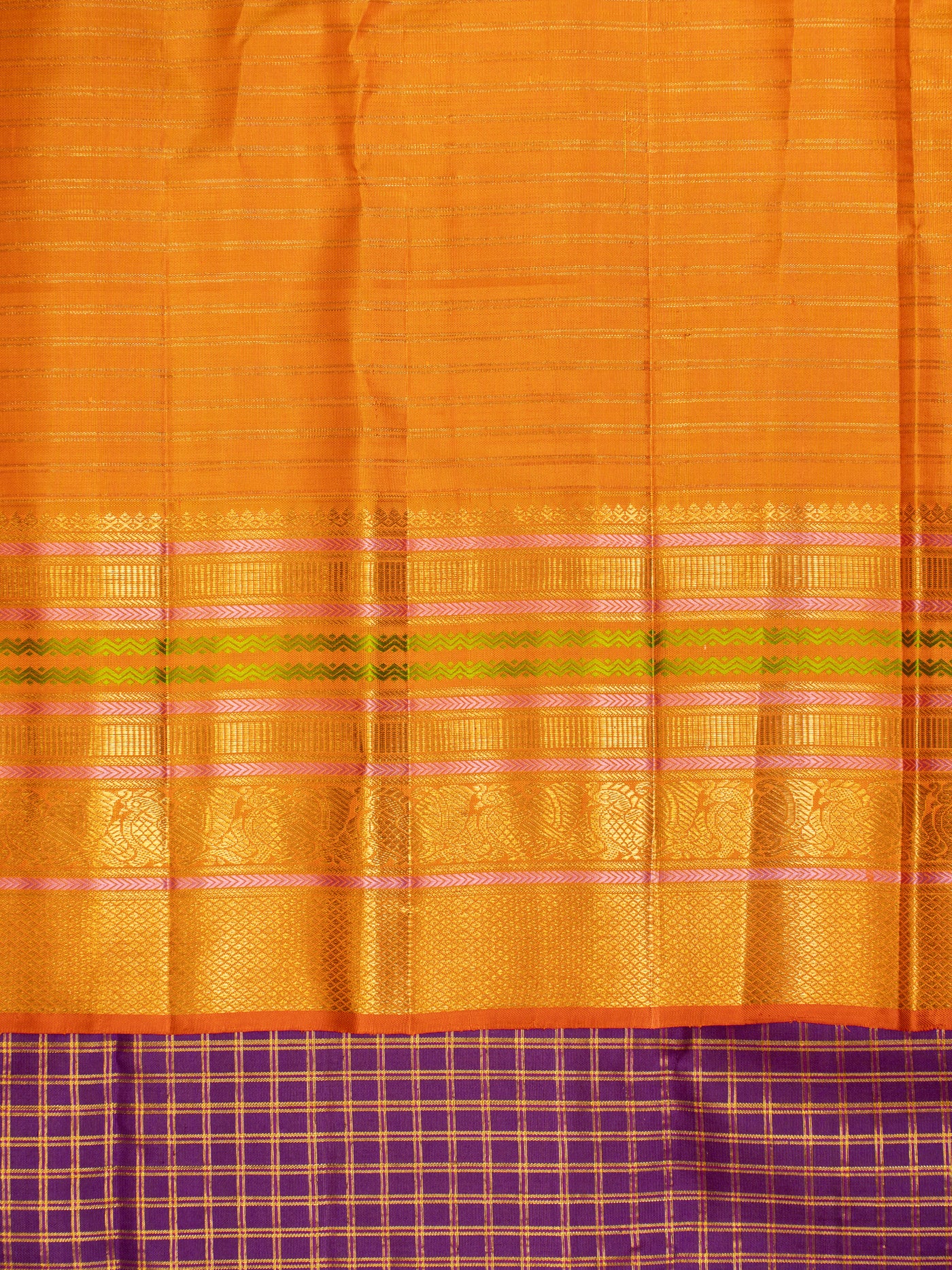 Violet checks and orange varisaipettu pure zari kanjivaram silk saree