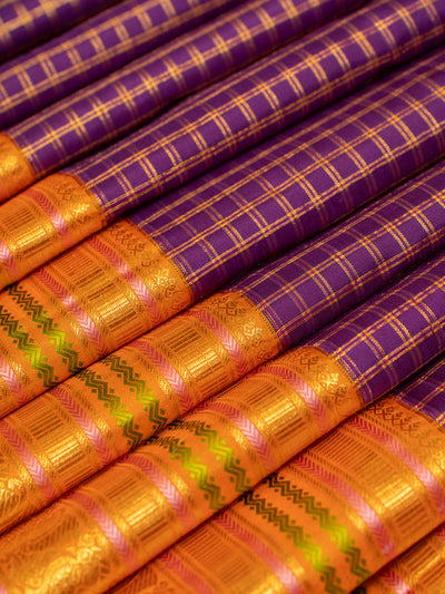 Violet checks and orange varisaipettu pure zari kanjivaram silk saree