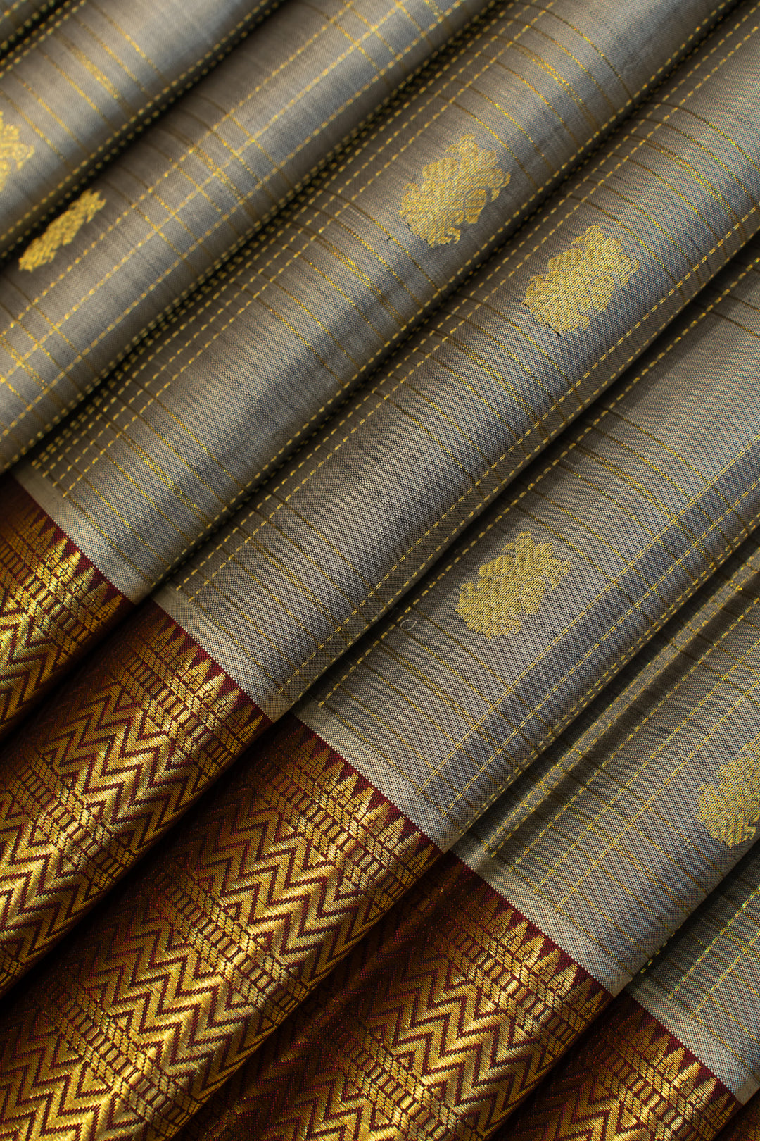Grey and maroon vairaoosi checks pure Kanchipuram silk saree