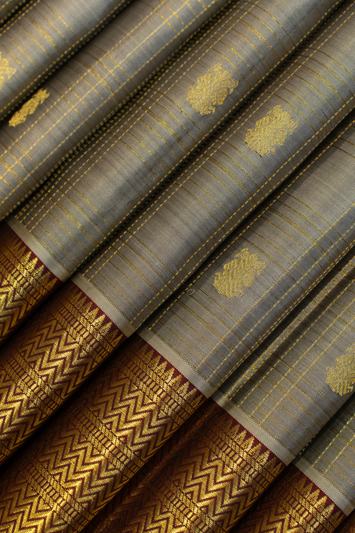 Grey and maroon vairaoosi checks pure Kanchipuram silk saree
