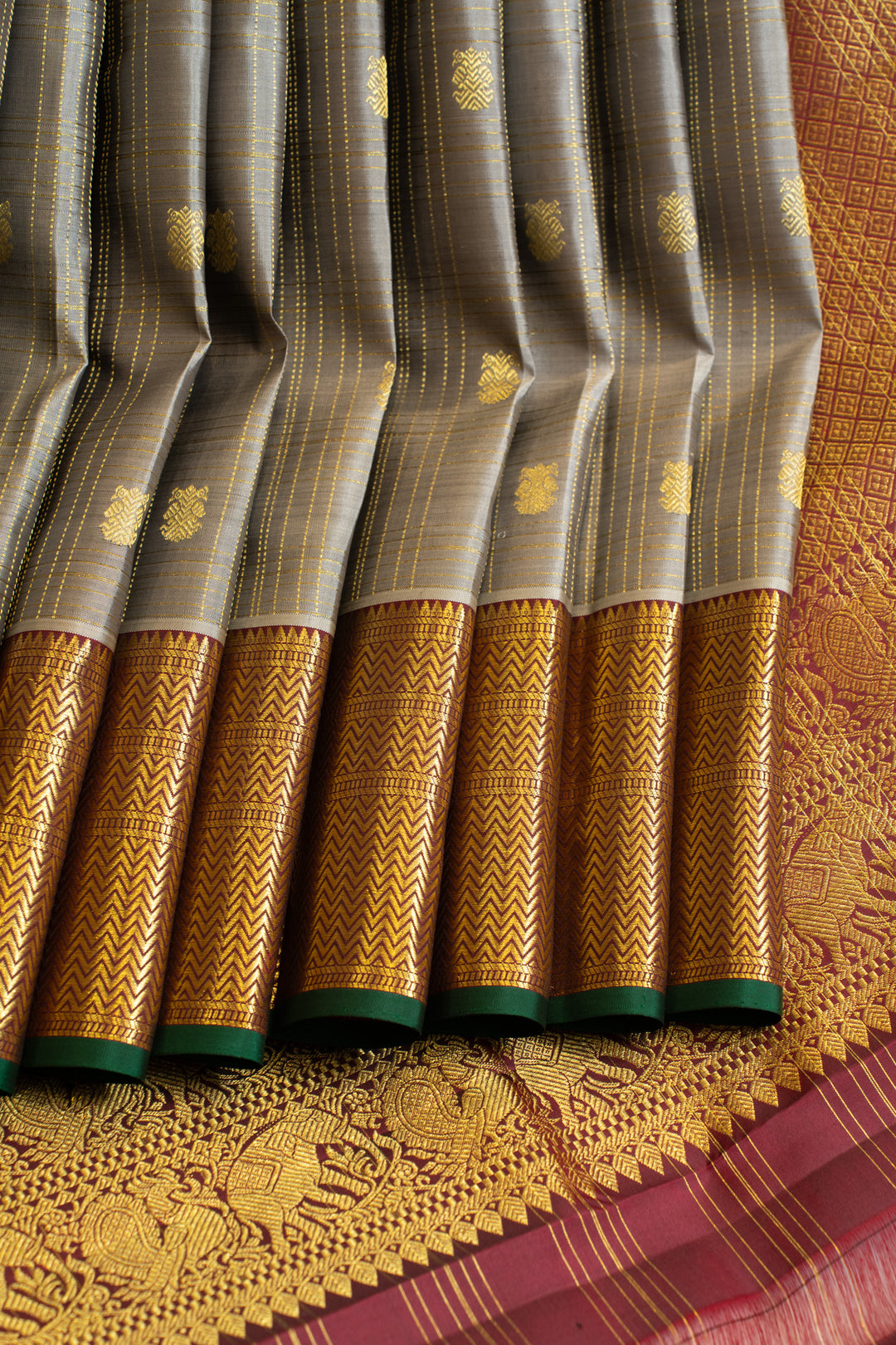 Grey and maroon vairaoosi checks pure Kanchipuram silk saree