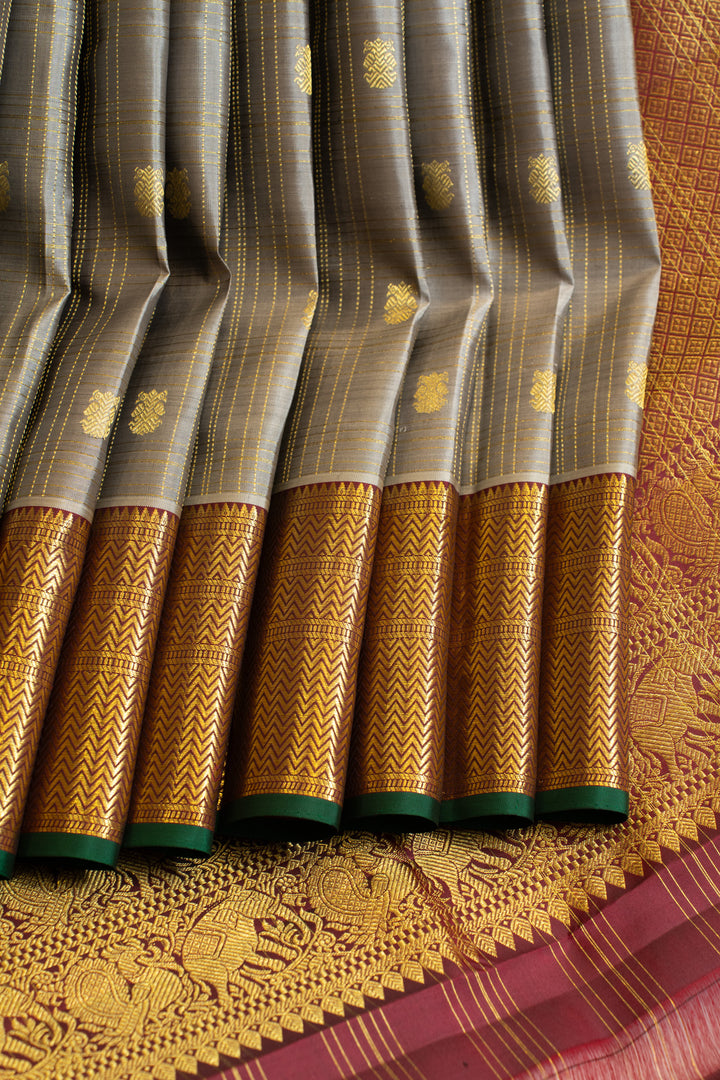 Grey and maroon vairaoosi checks pure Kanchipuram silk saree