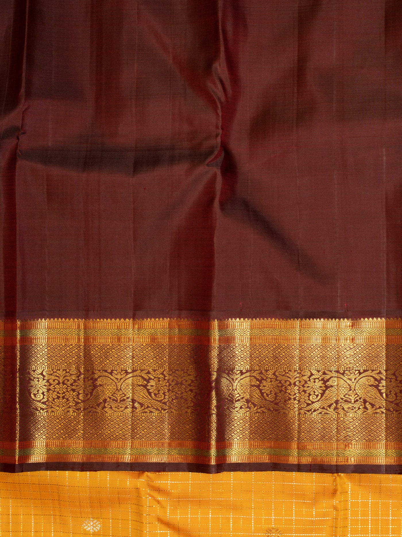 Yellow and brown checks pure zari Kanchipuram silk saree