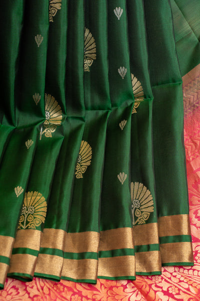 Emerald green and magenta pure soft silk saree