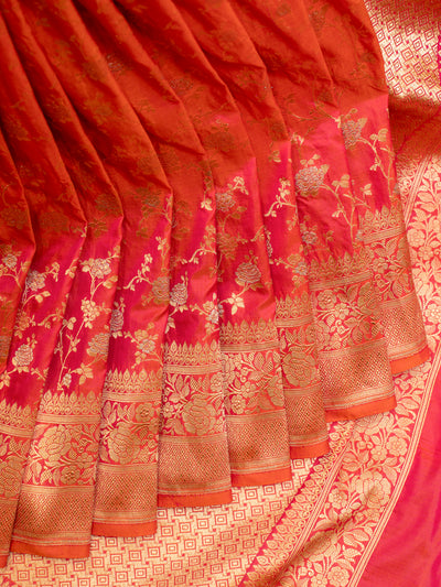 Peach red shot colour floral pure Banaras silk saree