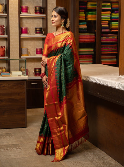 Emerald Green and Red Korvai Kanchipuram Pure Silk Saree - Clio Silks