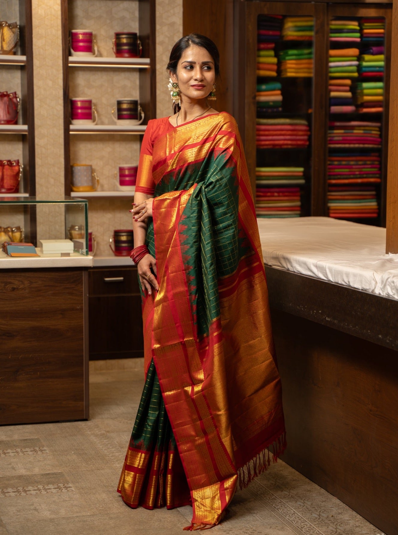 Emerald Green and Red Korvai Kanchipuram Pure Silk Saree - Clio Silks
