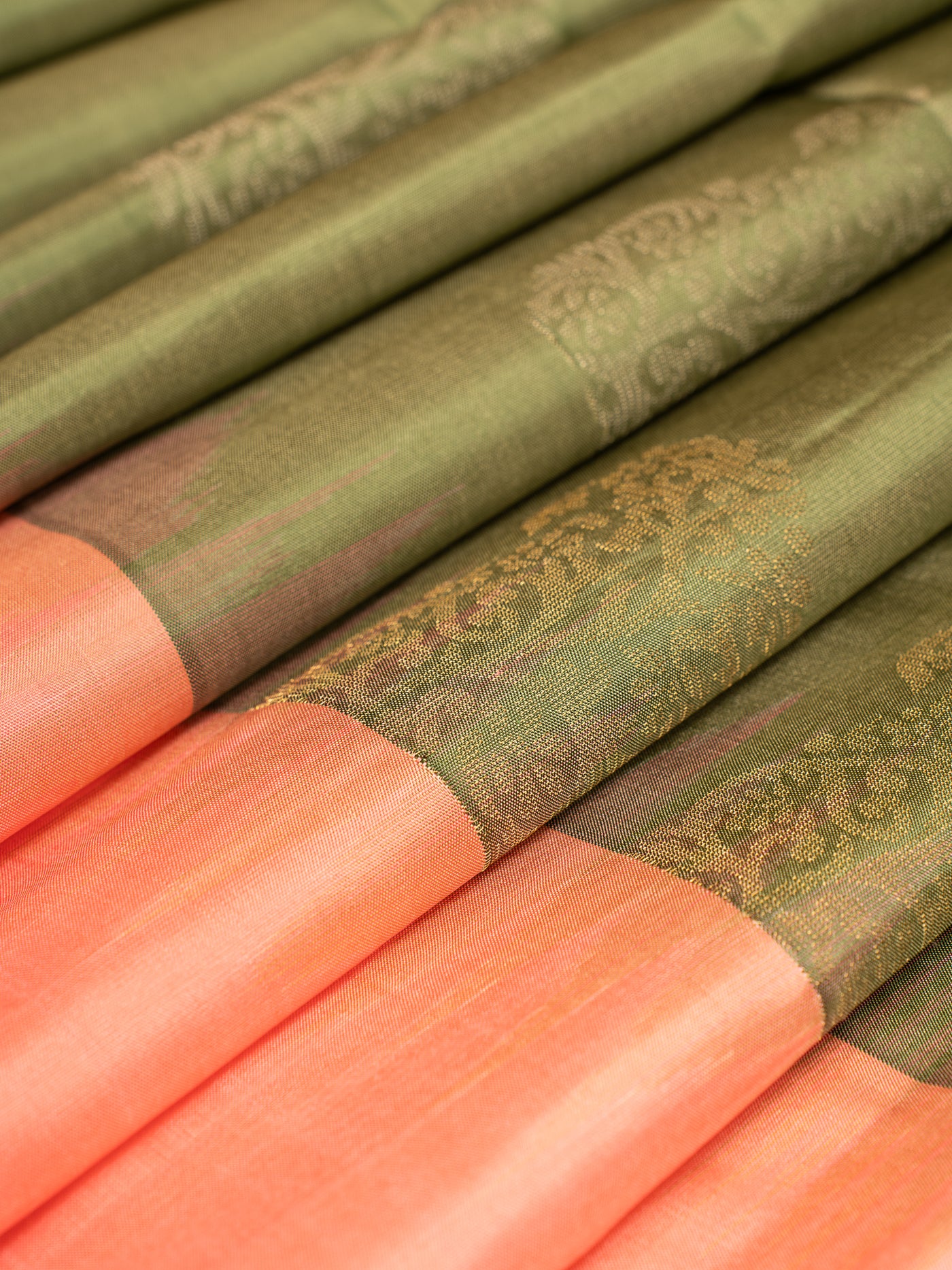 Sage Green Butties and Peach Soft Silk Saree | Clio Silks