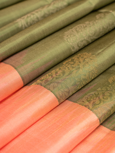 Sage Green Butties and Peach Soft Silk Saree | Clio Silks