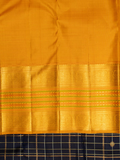 Navy blue and orange varisaipettu pure zari Kanchipuram silk saree