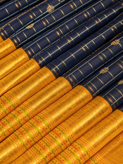 Navy blue and orange varisaipettu pure zari Kanchipuram silk saree