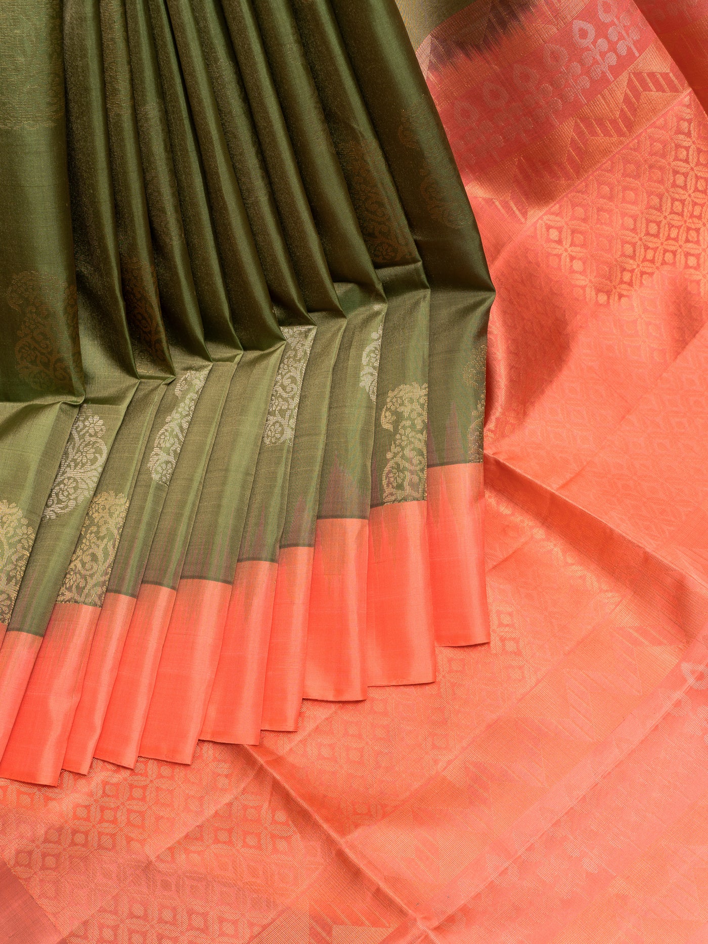 Sage Green Butties and Peach Soft Silk Saree | Clio Silks