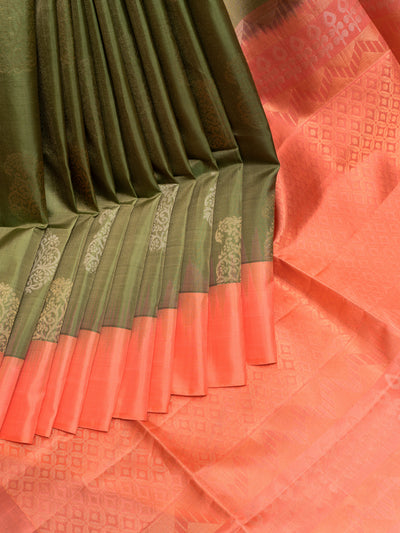 Sage Green Butties and Peach Soft Silk Saree | Clio Silks