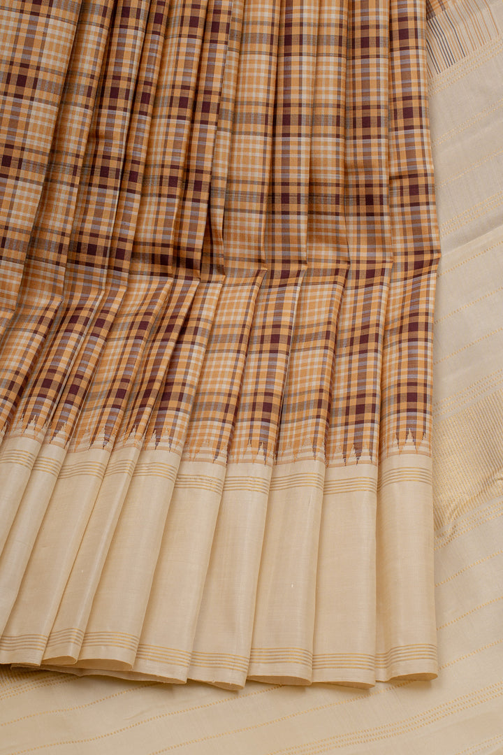Mustard and Brown Vintage Multi Checks Pure Kanchipuram Silk Saree
