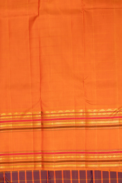 Purple and orange checks traditional pure Kanchipuram silk saree