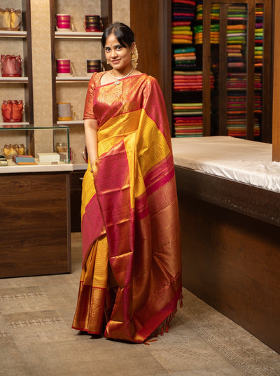 Yellow and Pink Traditional Pure Zari Kanchipuram Silk Saree - Clio Silks