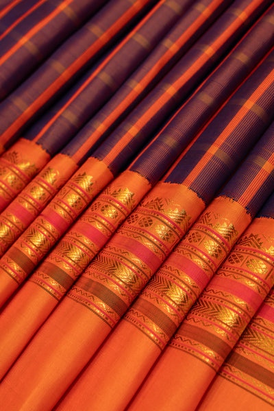 Purple and orange checks traditional pure Kanchipuram silk saree