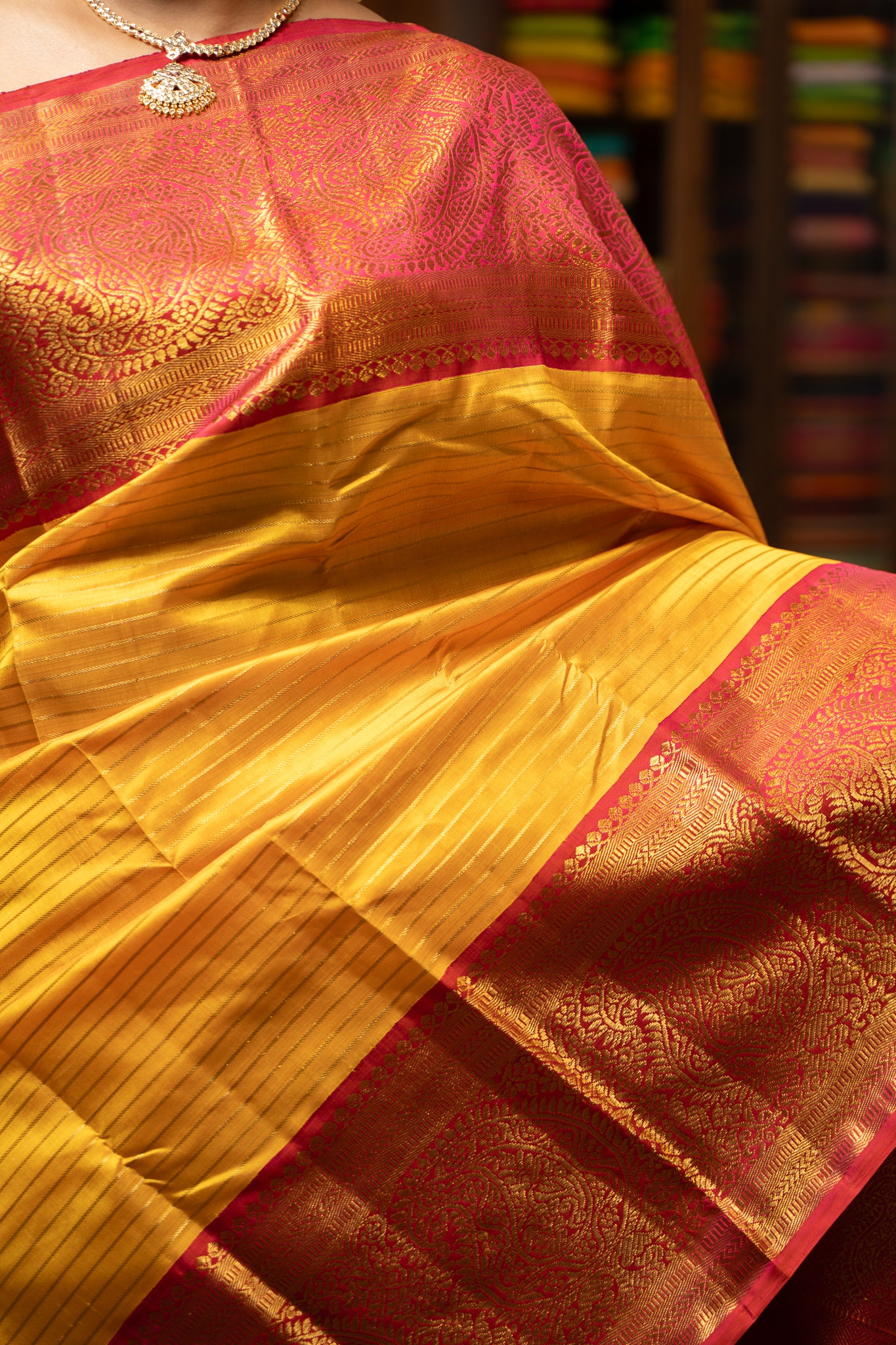 Yellow and Pink Traditional Pure Zari Kanchipuram Silk Saree - Clio Silks