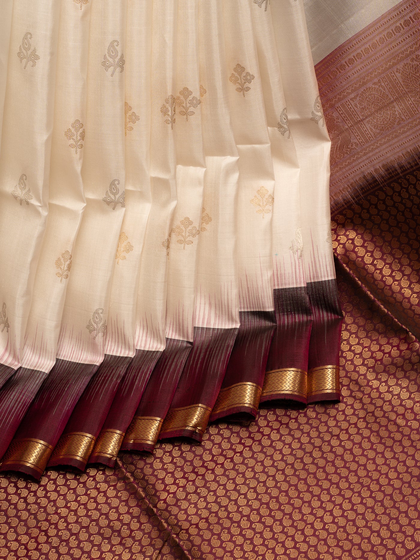 White Butties and Jamun Soft Silk Saree| Clio Silks