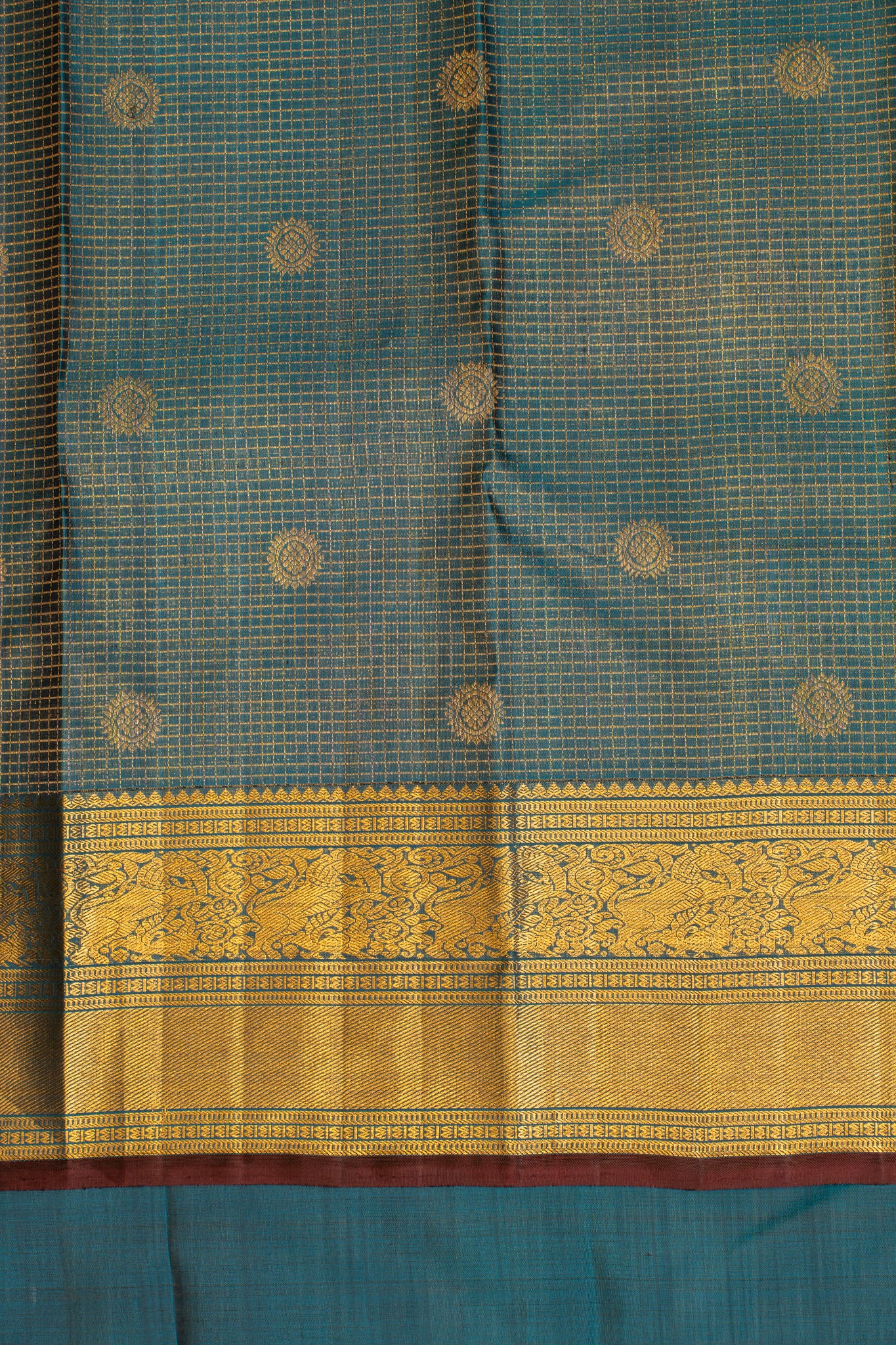 Peacock blue contrast selvedge pure Kanchipuram silk saree