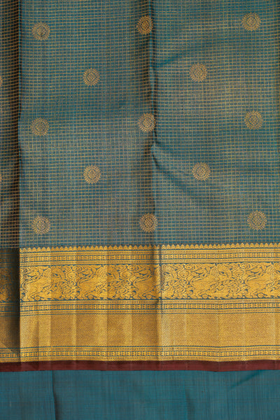 Peacock blue contrast selvedge pure Kanchipuram silk saree