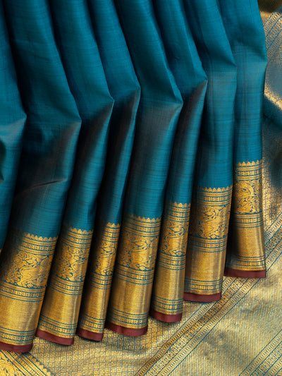 Peacock blue contrast selvedge pure Kanchipuram silk saree