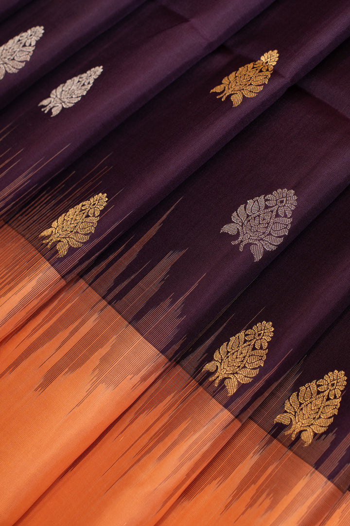 Aubergine purple and peach pure soft silk saree