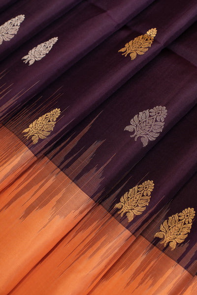 Aubergine purple and peach pure soft silk saree