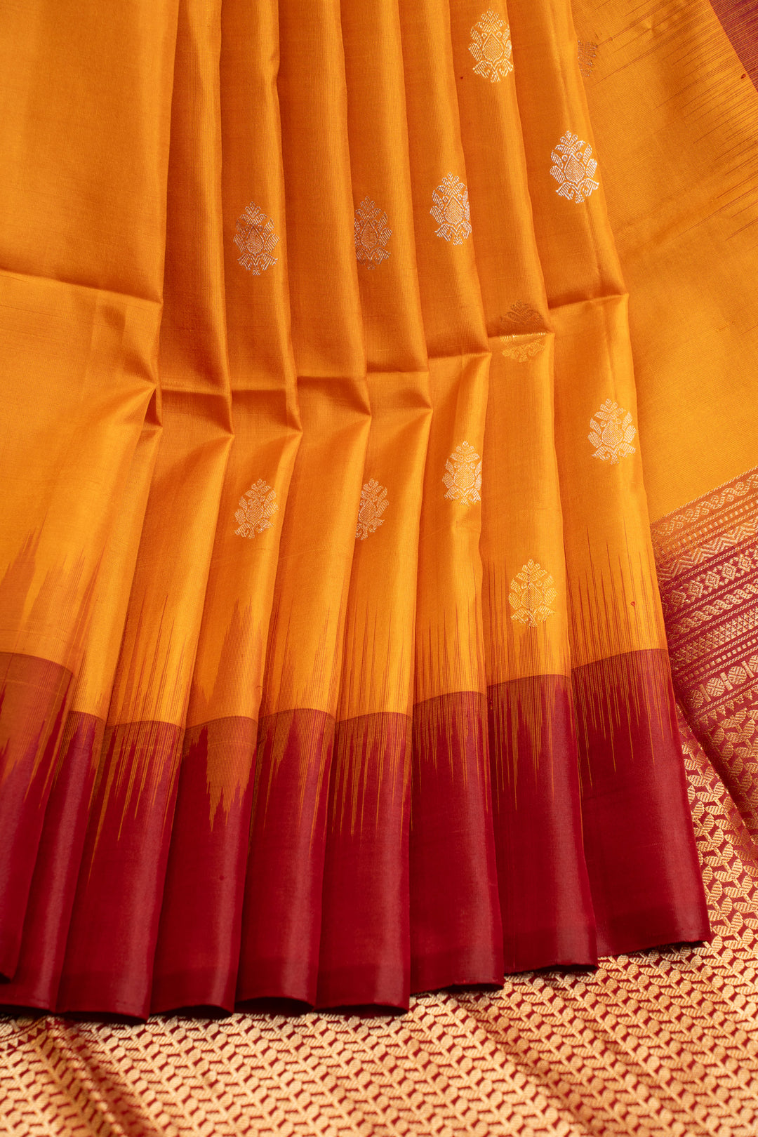 Mustard and maroon pure soft silk saree