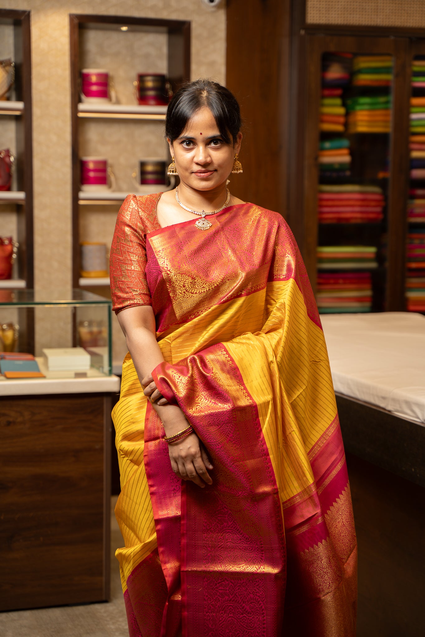 Yellow and Pink Traditional Pure Zari Kanchipuram Silk Saree - Clio Silks