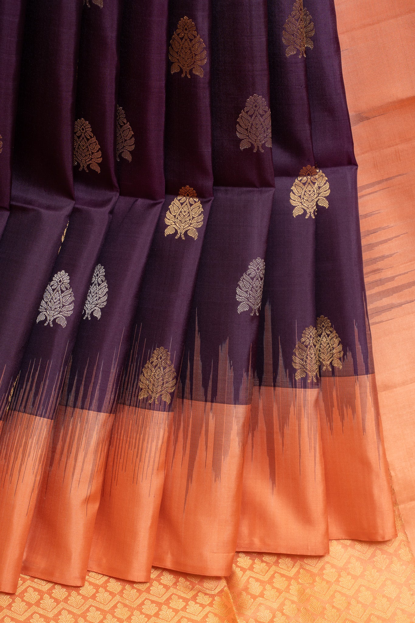 Aubergine purple and peach pure soft silk saree